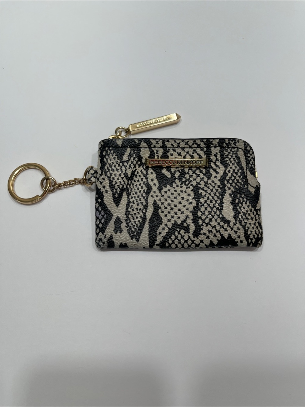 Rebecca Minkoff Black & Cream Snake-Print Key Pouch with Gold Hardware
